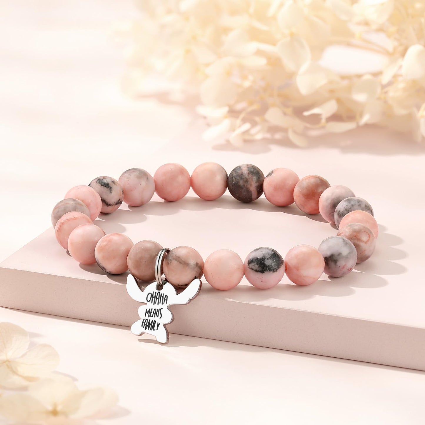 Stitch Gifts, Pink Pearl Stitch Bracelets for Daughter/Granddaughter/Niece/Sister, Natural Stone Bracelet Jewelry Gift for Birth
