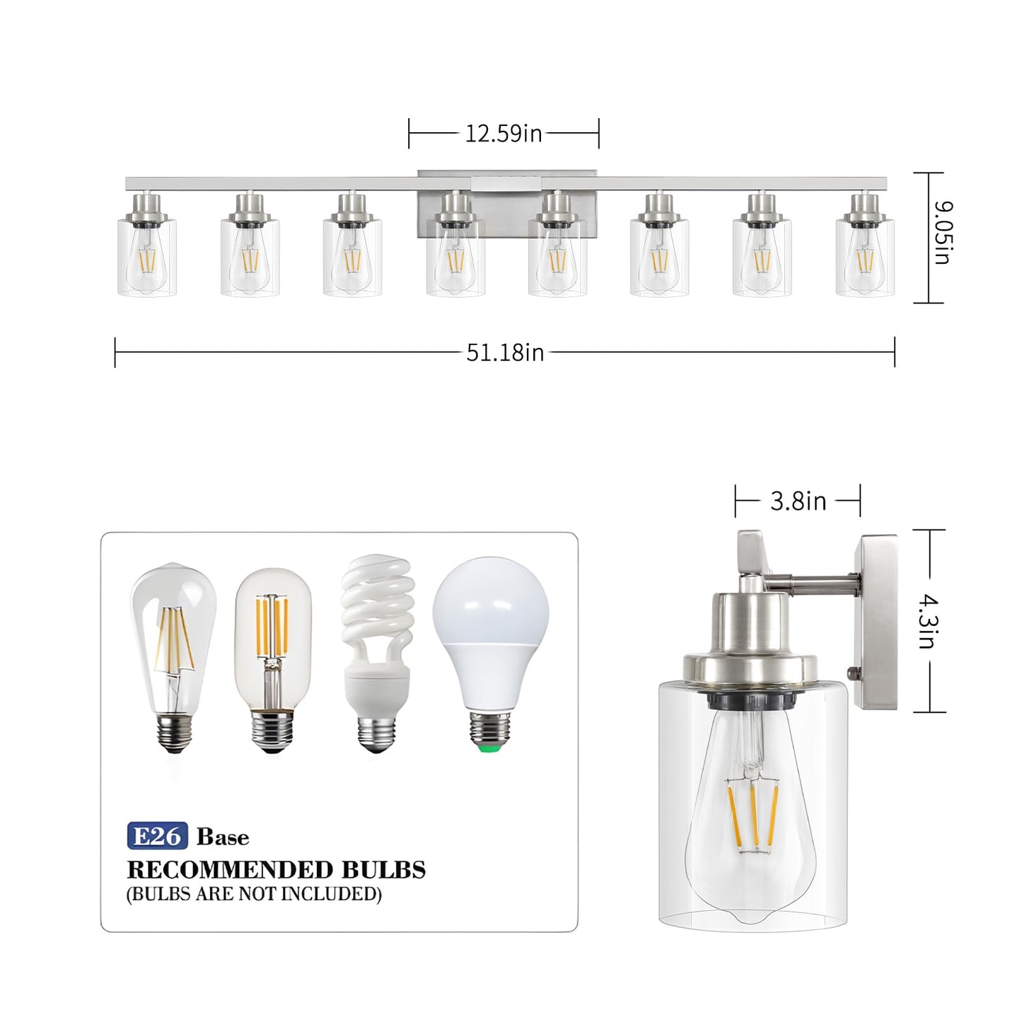 DIKAIDA 52in Brushed Nickel Vanity Light Fixtures, 8-Light Metal Bathroom Lighting, Model NS-8