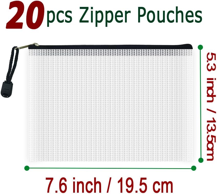 AUSTARK 20 Pcs Zipper File Bags, Plastic Mesh Pouch, Board Game Storage, Waterproof Bags for Office School (B6 Size 7.6''x5.3'', White and Black)