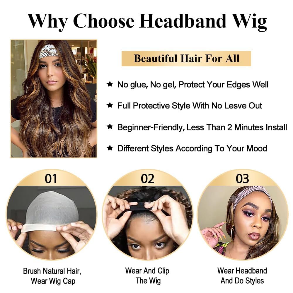 Emistar Mixed Brown Headband Wig - 26" Wavy Synthetic Hair for Black Women, Glueless, 150% Density, Body Wave