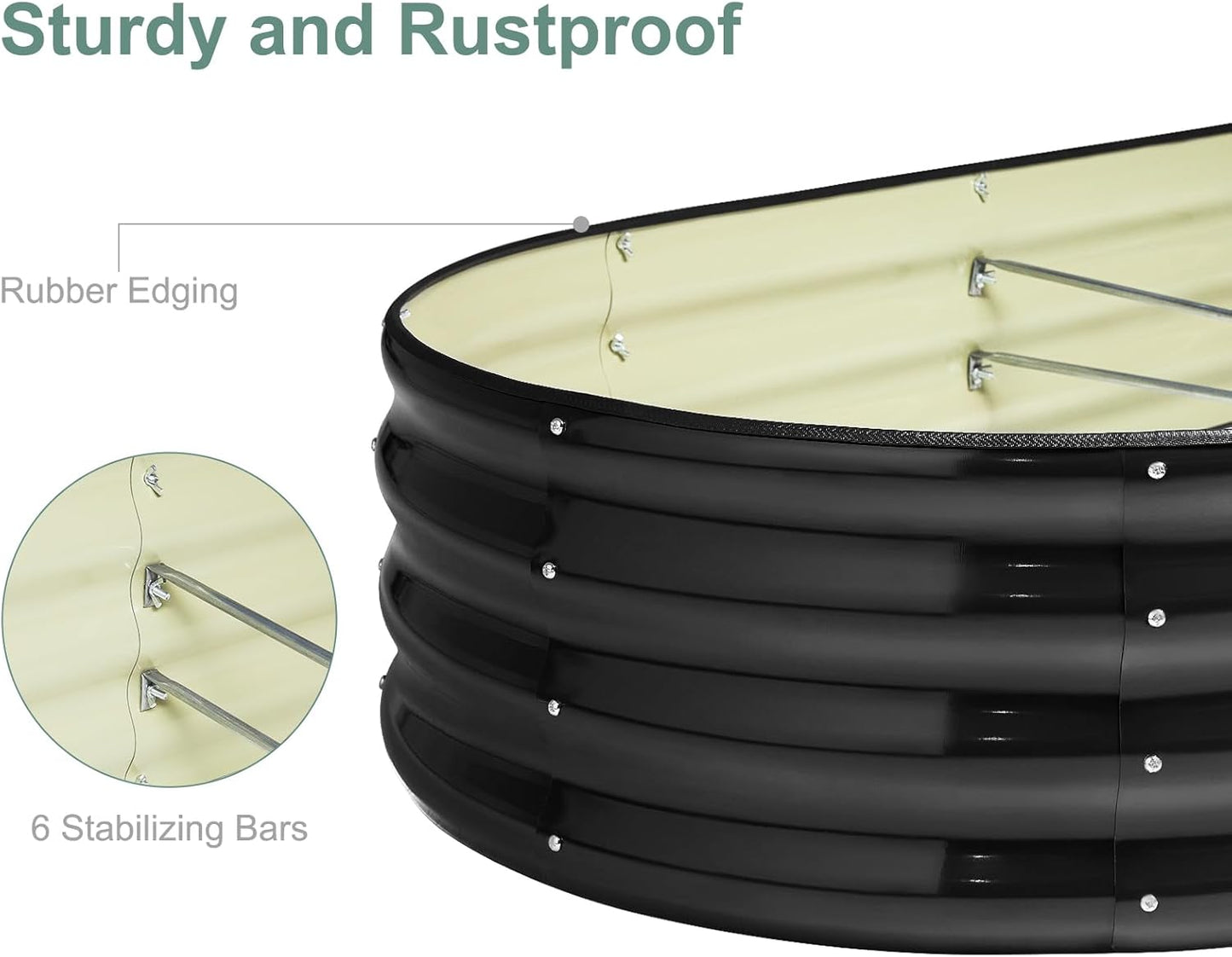 Galvanized Steel Raised Garden Bed 8x2ft Oval - 17" Tall 9-in-1 Modular Planter Box for Vegetables/Flowers, Rust-Proof Metal Outdoor Planters Rubber Edging (Black)