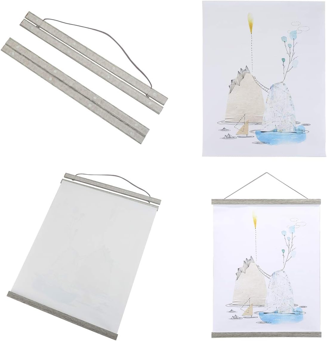 Ywlake Magnetic Poster Hanger, 10x10 10x32 10x20 Poster Frame Wood Wooden Magnet Print Posters Dowel Scroll Hanger Hangers Hanging Kit for Walls Map Canvas Artwork (Grey, 10")