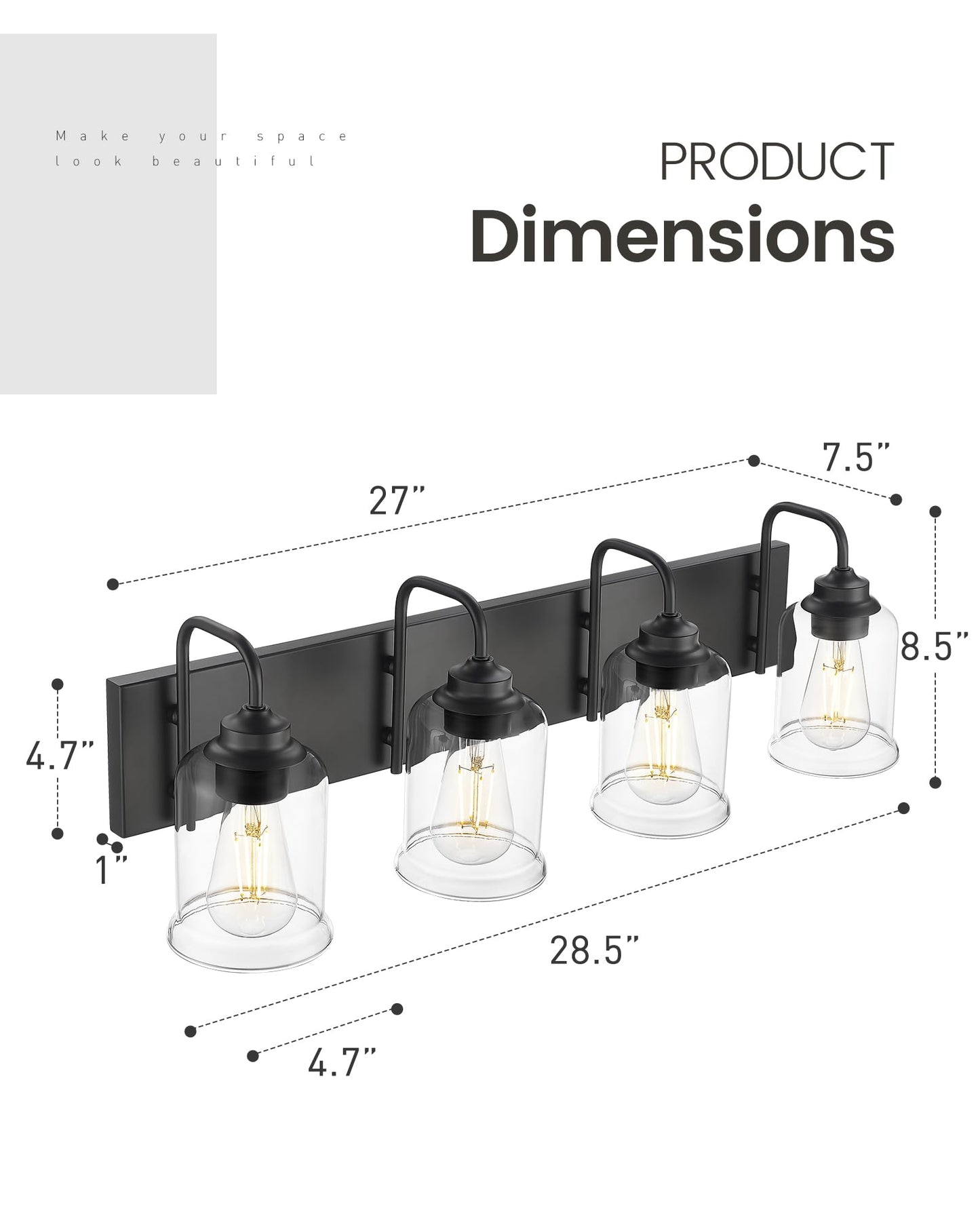 Zeyu Modern Bathroom Light Fixtures  4 Light Vanity Lighting  28.5 Bathroom Mirror Wall Light  Matte Black Finish With Clear Glass Shade  Zsl72B-4W Bk