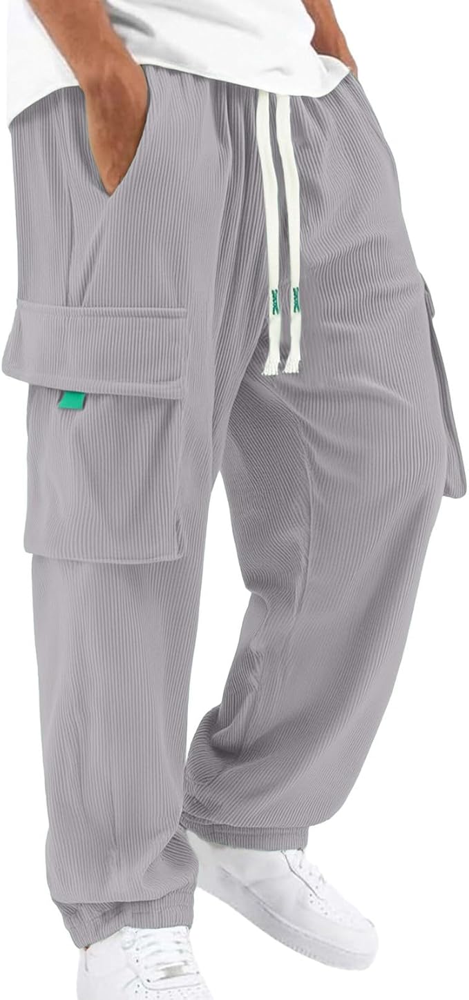 Corduroy Cargo Pants for Men Casual Straight Leg Jogger Athletic Pants 2026 Winter Warm Solid Loose Fit Lightweight Trousers