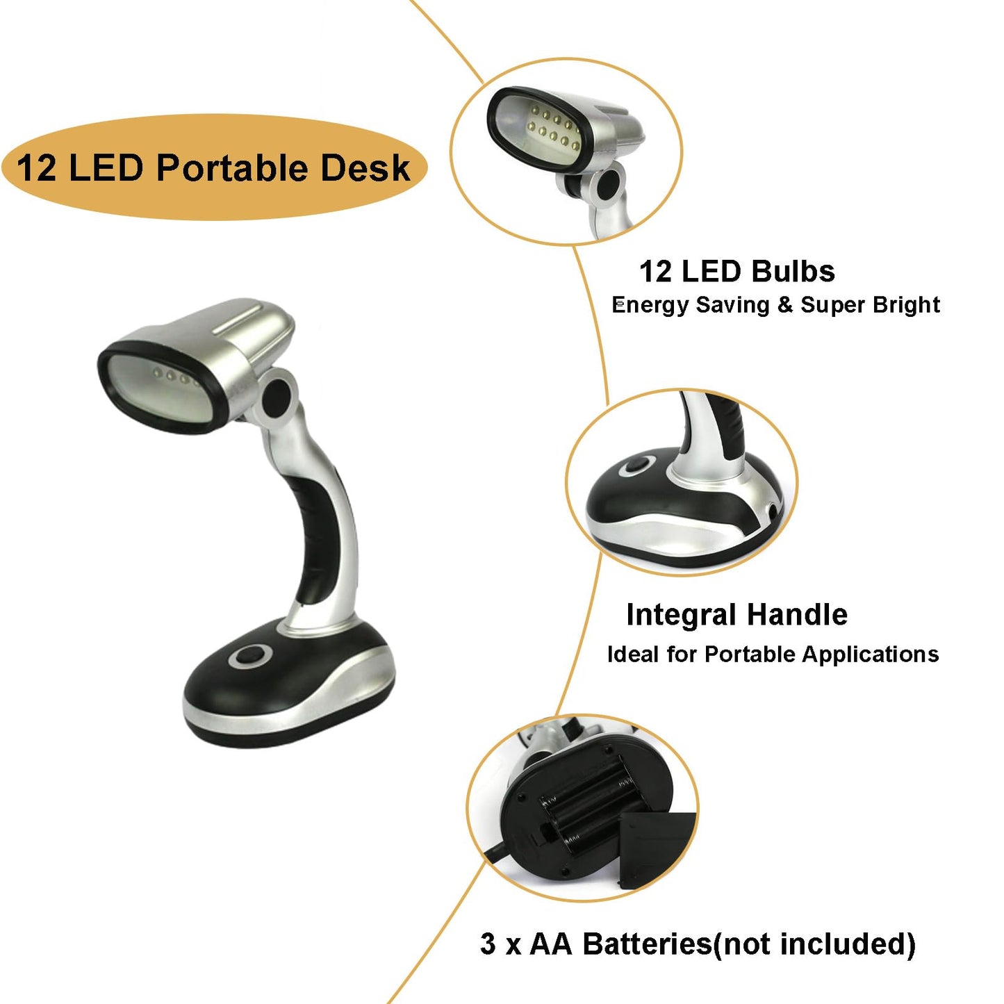 Ragyzity Led Desk Lamp  12 Led Portable Battery-Powered Table Lamp  Bedside & Camping Light  Bright Work And Reading Light For Computer  Home  Or Outdoor Use (Black Silver)