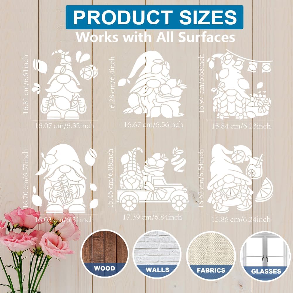 MAYJOYDIY 6pcs Lemon Gnome Stencils 8×8inch Gnome Themed Stencils with Paint Brush Reusable Summer Lemon Juice Truck Drawing Template for Canvas Wall Wood DIY Craft Home Decor