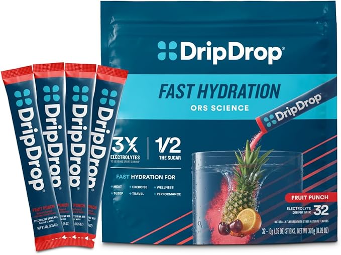 DripDrop Hydration Packets - Fruit Punch - Single Serve Electrolytes Powder Drink Mix - Non-GMO, Gluten Free, Vegan - 32 S...