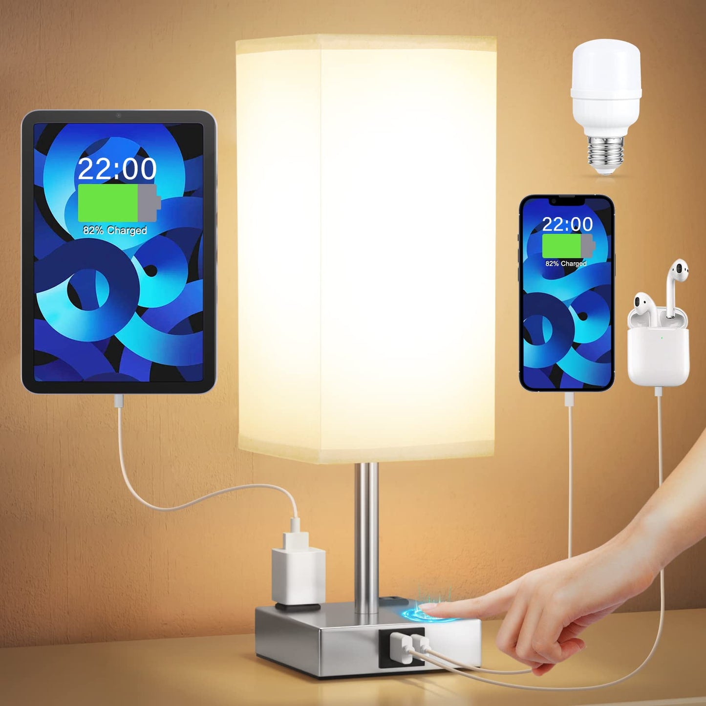 aooshine Bedside Table Lamp Touch Control with USB C+A, Dual AC Outlets, 14in Gray & Silver, Linen Shade, LED Dimmable Bulb Included