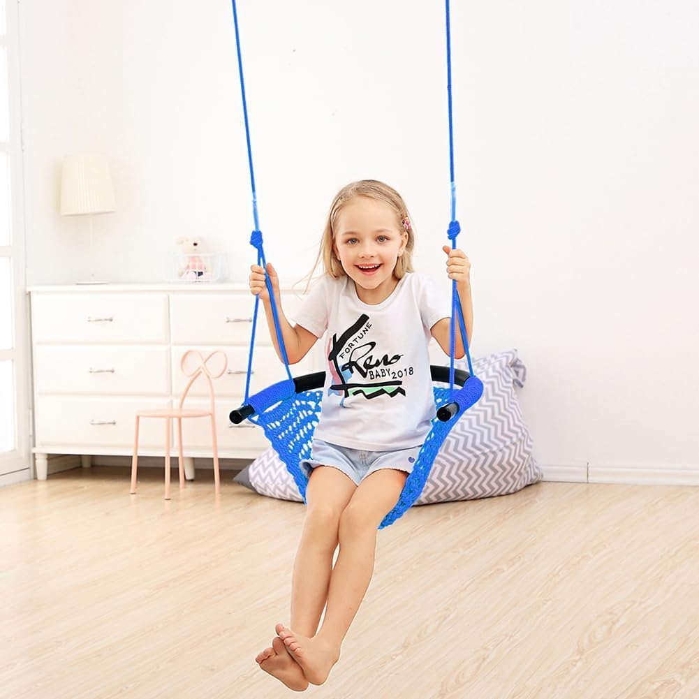 Hand-Knitting Toddler Swing, Swing Seat for Kids with Adjustable Ropes, Little tikes Swings Set, for Outdoor Indoor, Playground, Backyard (Blue+Pink)