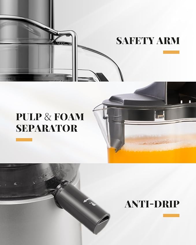 GDOR Powerful 1200W Juicer Machine, 3.2" Wide Chute, Titanium-Enhanced Blade, Heavy-Duty Copper Motor, Dual Speed Centrifugal Juice Extractor, BPA-Free, Silver