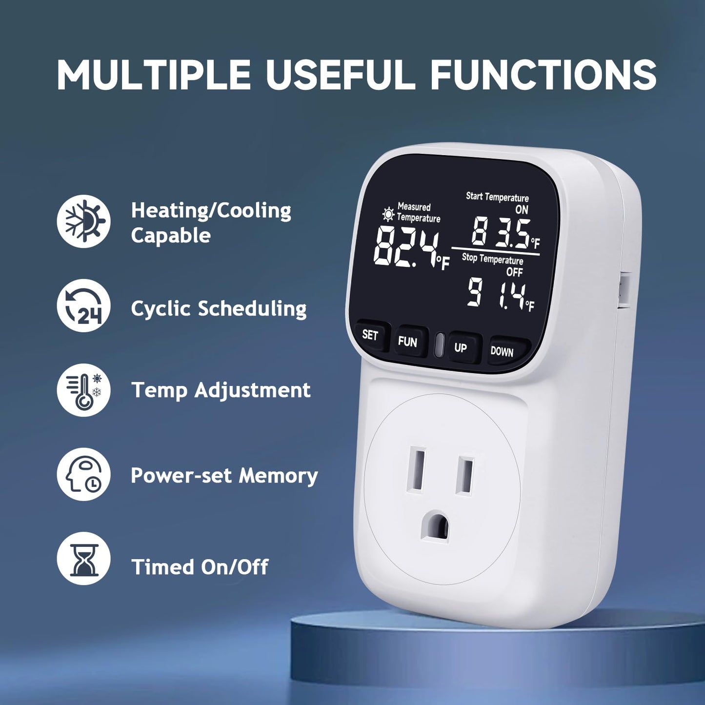 COMYAN Temperature Controlled Outlet with 16.4ft & 6.5ft 2 Probes, Reptile Thermostat 15A 1800W Digital Thermostat, Heating Cooling Timer with Cyclic Timing/Countdown, -40℉~210℉ for Reptile Incubator