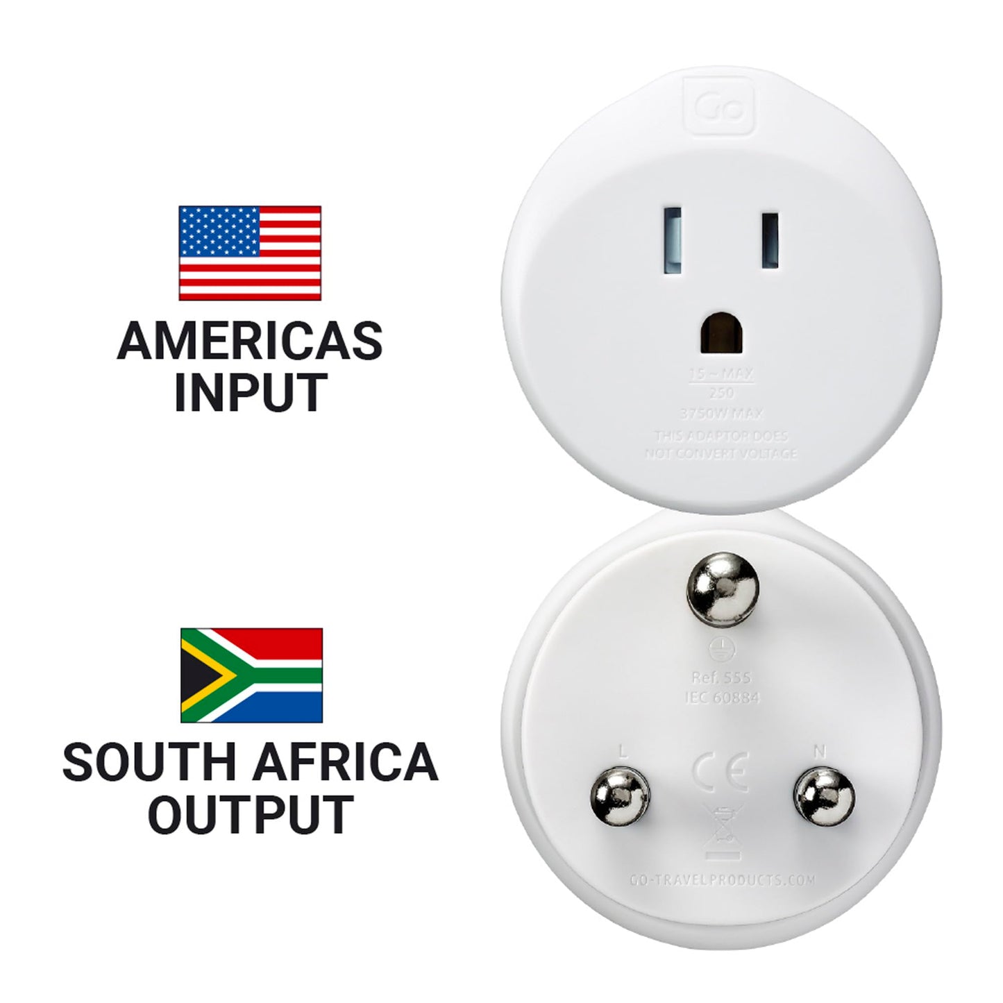 Go Travel Us To South Africa Plug Adapter, Travel Adapter For Small Electrical Devices, Earthed Adapter, Input - Type A, Type B