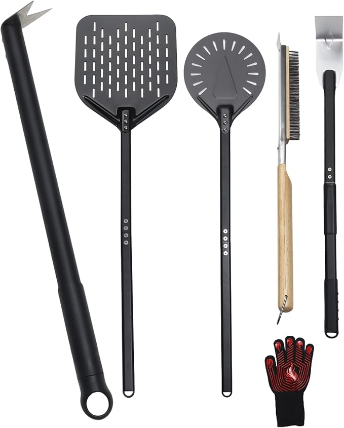 6PCS Pizza Turning Peel, 9 &12 Inch Perforated Pizza Peel, Pizza Brush, Ash Rake, Bubble Spinner Turning Fork, Heat-Resistant Oven Mitts, Pizza Oven Utensil Kit with 40 Inch Aluminum Handle