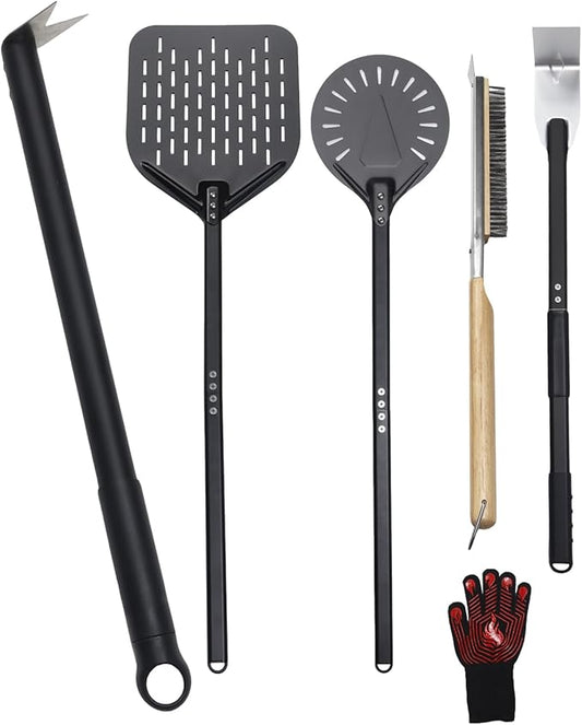 6PCS Pizza Turning Peel, 9 &12 Inch Perforated Pizza Peel, Pizza Brush, Ash Rake, Bubble Spinner Turning Fork, Heat-Resistant Oven Mitts, Pizza Oven Utensil Kit with 40 Inch Aluminum Handle