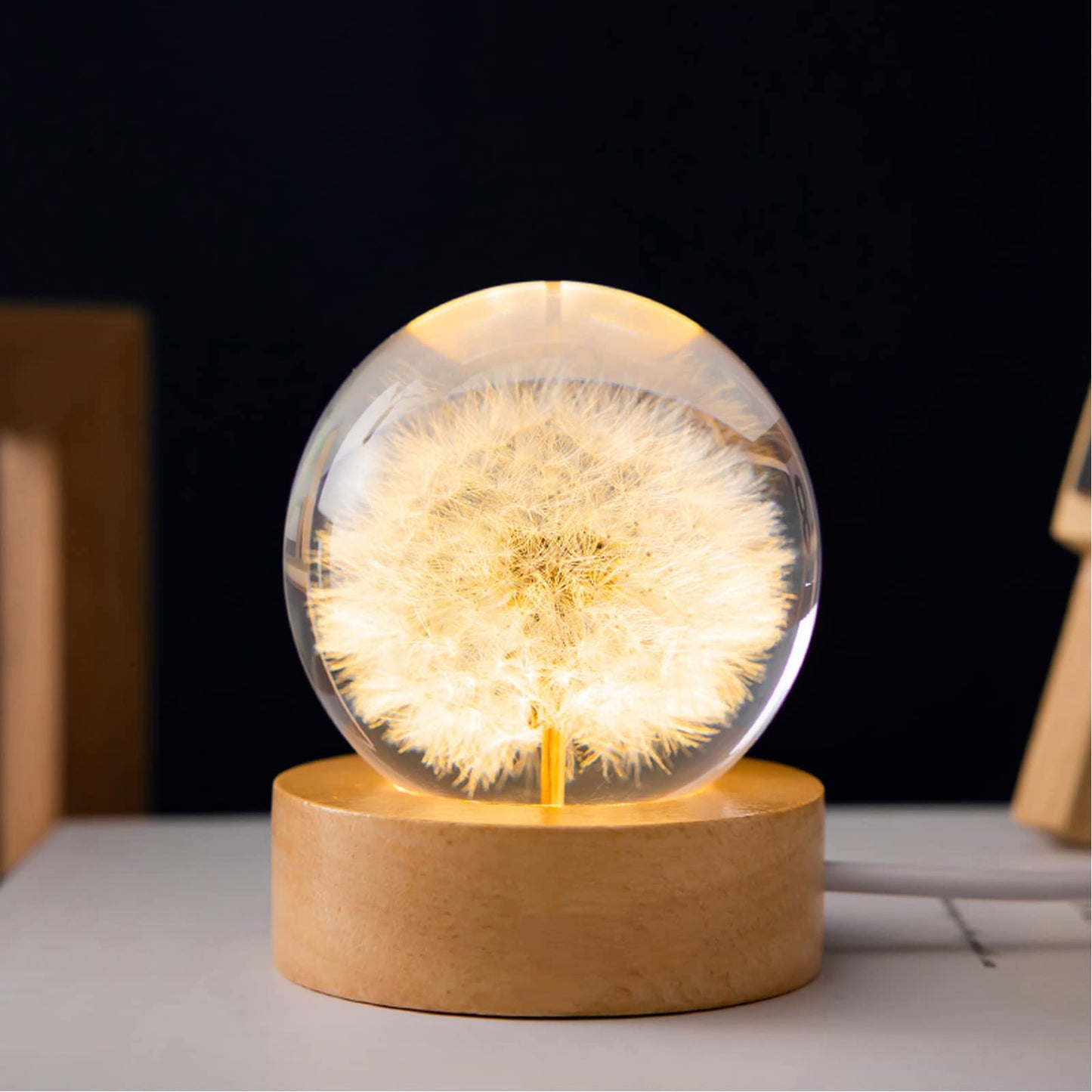 MARZIUS Flower Crystal Ball Night Light, 2.4in Glass Lamp with Wooden Base, Dandelion 2, Model CB320
