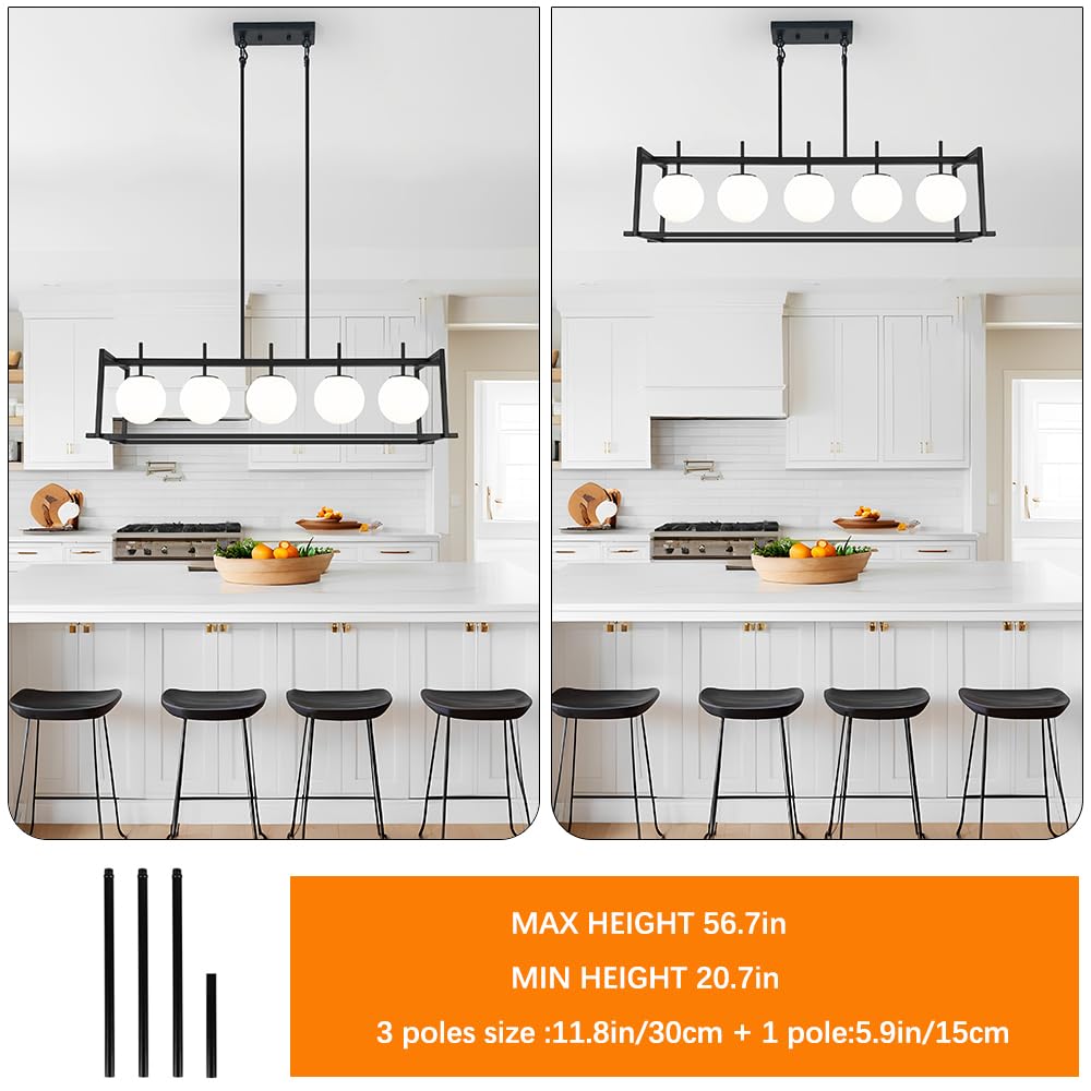 Dsmjfu Black Farmhouse Rectangular Chandelier For Dining Room  5-Light Linear Pendant Lighting  Rectangular Kitchen Island Light With Milky White Glass Ball Shades  Adjustable Height Hanging Lighting