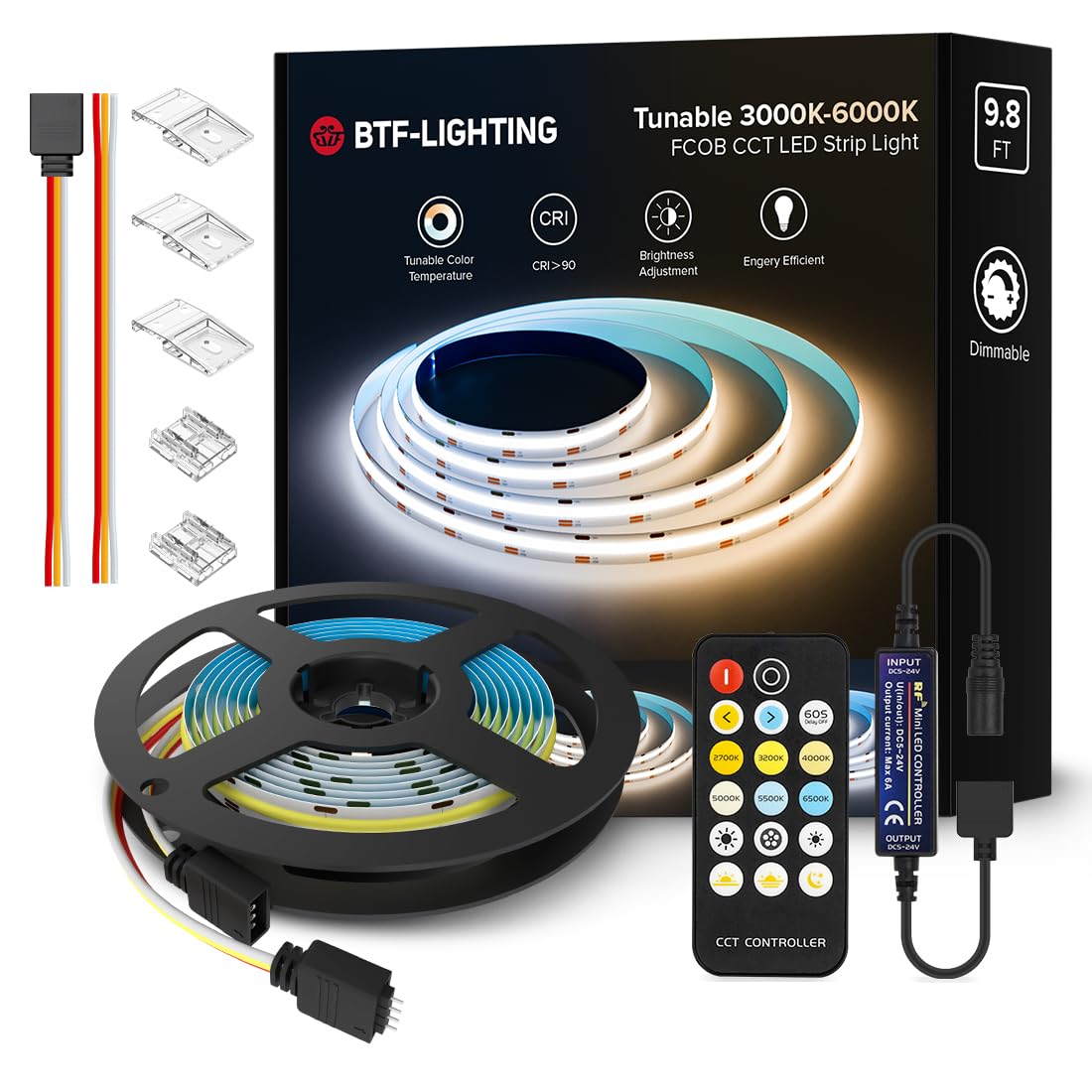 Btf-Lighting Fcob 24V Led Strip Kit, 640Led/M, 9.84Ft, Dimmable, Tunable 3000K-6000K,