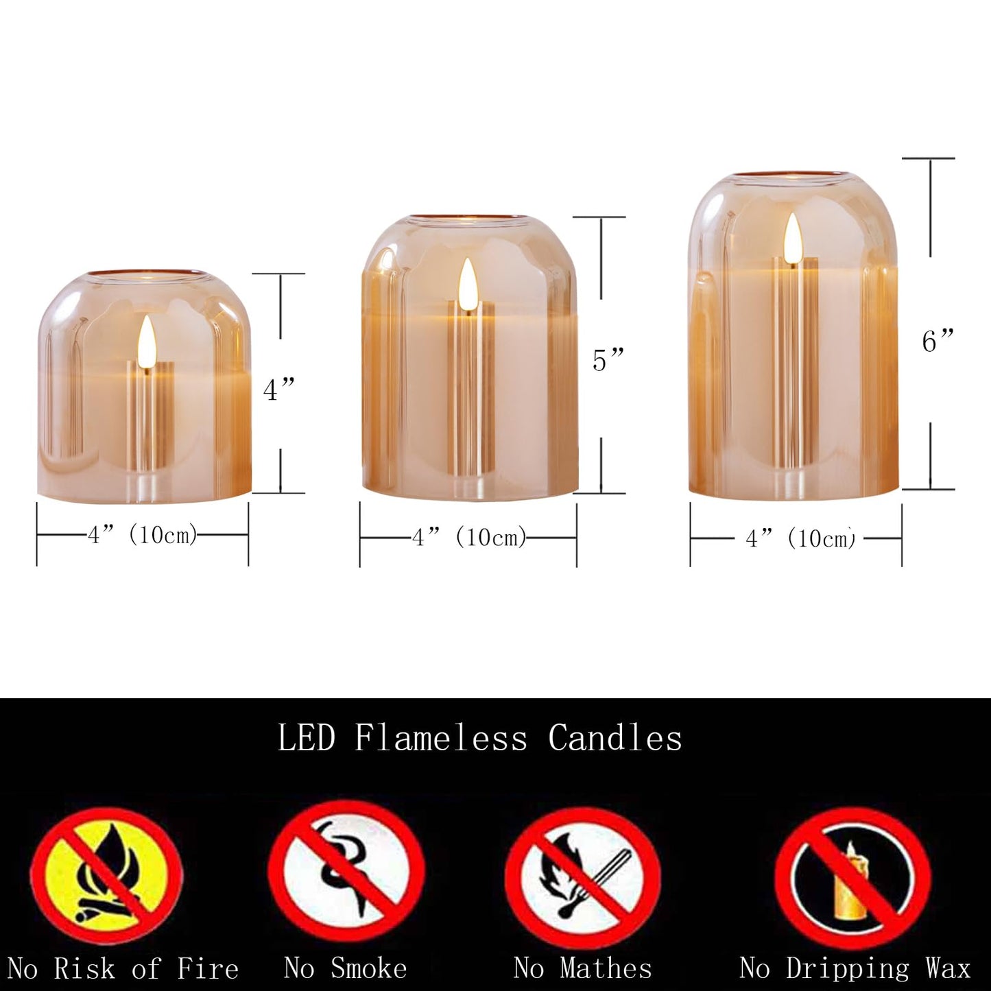 volnyus Gold Glass Flameless Candles with Remote Battery Operated Flickering LED Pillar Candles Real Wax 3D Wick Φ 4" H 4" 5" 6"