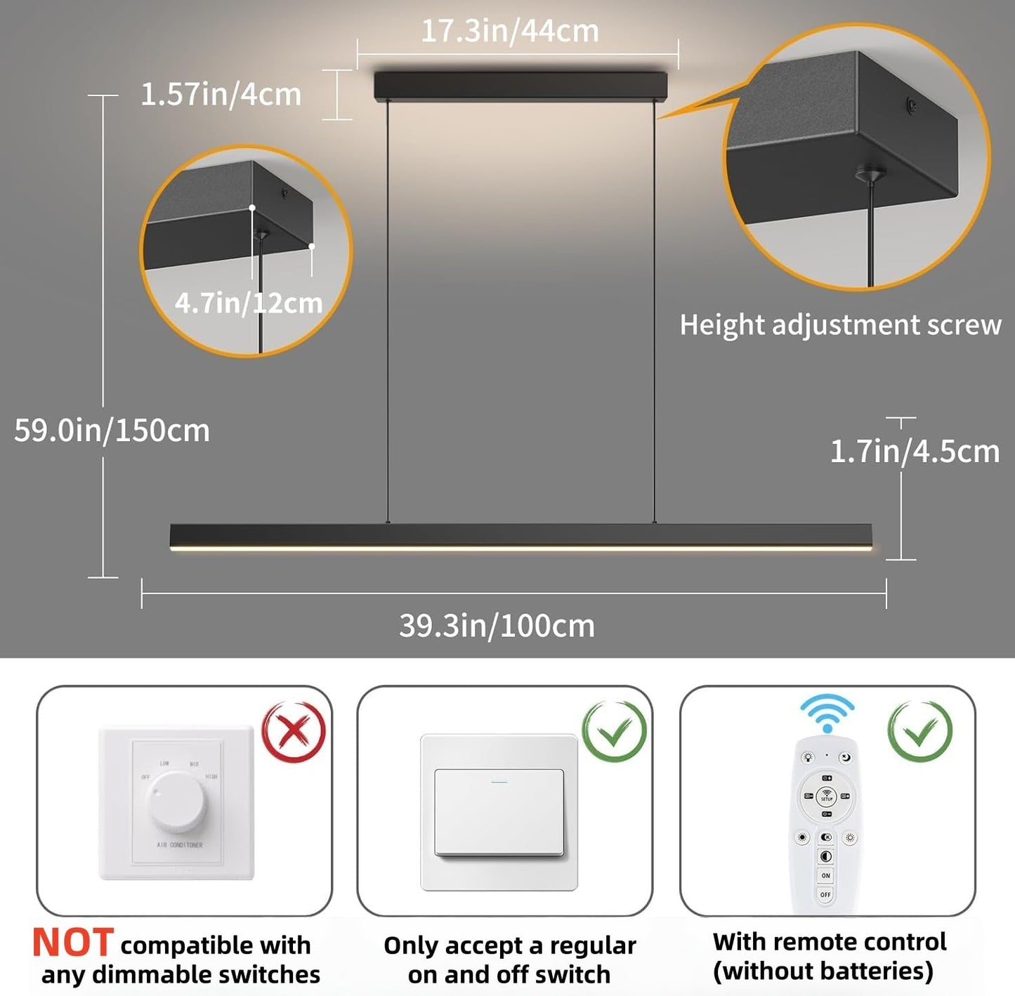 Zihoi Modern LED Black Linear Chandelier, 39in, Adjustable Color Temp 3000K-6000K, Remote Control, Ideal for Kitchen and Dining Room
