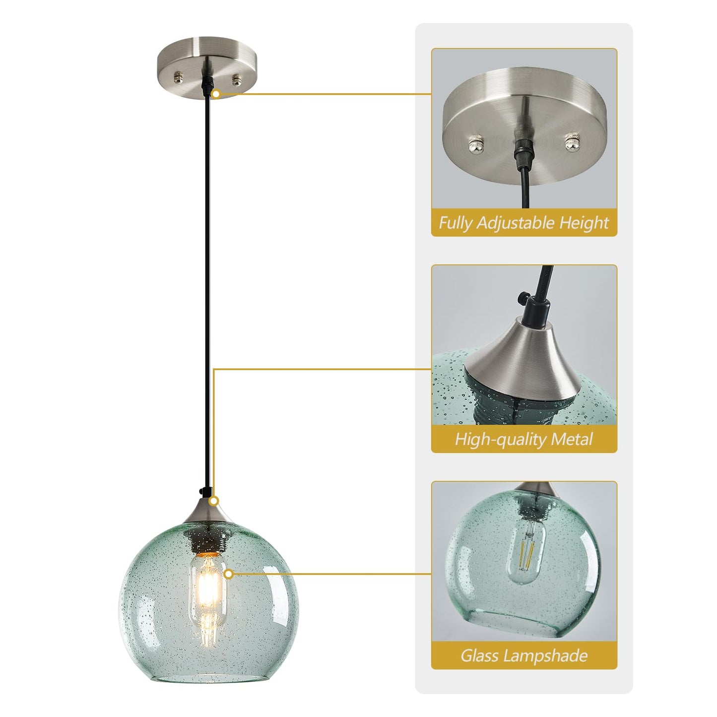 Lbsqj Light Green Glass Pendant Lights Kitchen Island Lighting Globe Pendant Light Fixtures Modern Pendant Lighting For Bedroom Living Dining Room Light Fixture (7.87 In  3 Pack)