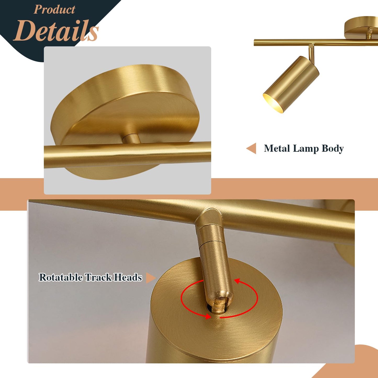 Bokt Mid Century Modern 2-Lights Led Track Lighting Kit, Gold Flush Mount, Adjustable Angle, Brushed Brass, Model Df-B6Yv-C8Ci-2