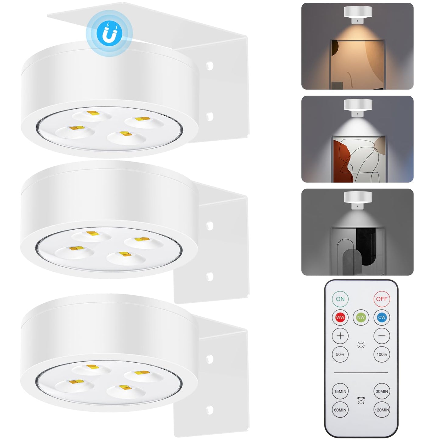 SIXDEFLY Picture Lights, Battery Operated LED Art Display Light, 3 Modes, Remote Control, 3 Pack, White