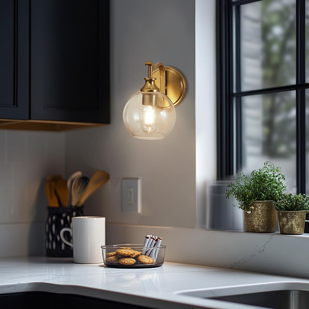 Andy Star Brushed Gold Bathroom Light Fixtures  Brass Vanity Lights For Mirror  1-Light Bathroom Wall Sconces Lighting With Globe Clear Shade Up Or Down Wall Mounted For Kitchen  Living Room  Hallway