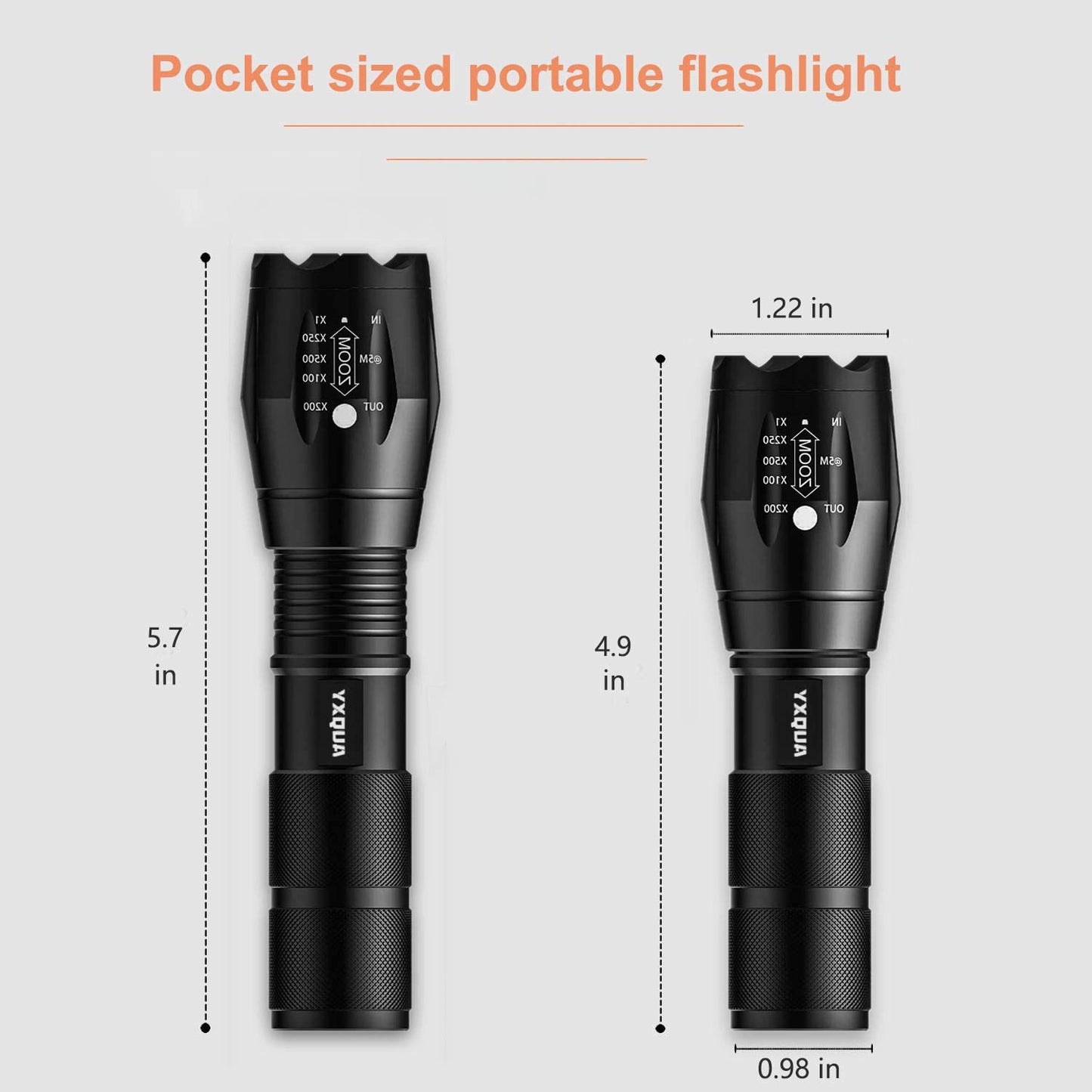 YXQUA USB Rechargeable Flashlight, 8381 High Lumens, 3 Modes, Zoomable, Waterproof, 5.1 in, Black, Aluminum
