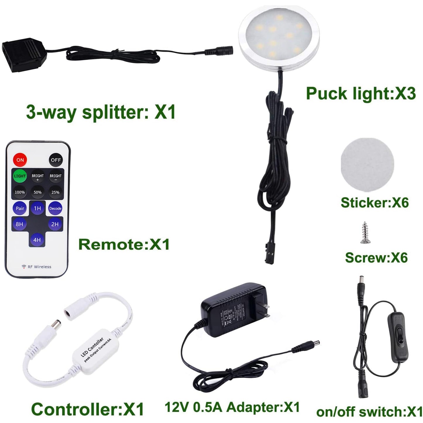 AIBOO Dimmable LED Under Cabinet Puck Lights Kit with RF Remote Control, 3 Lamps, Warm White 2700K, Model YK-300000197