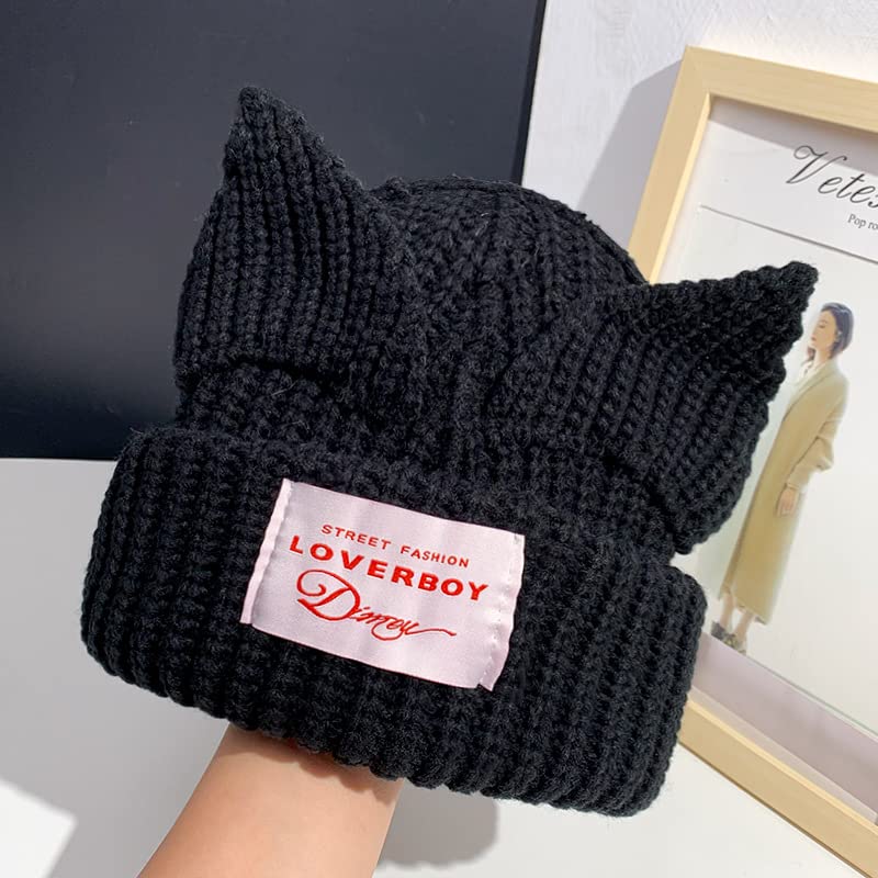 Cat Ear Hat Cute Beanie Hat Knit Skull Cap Warm Slouchy Crochet Hat (Black)