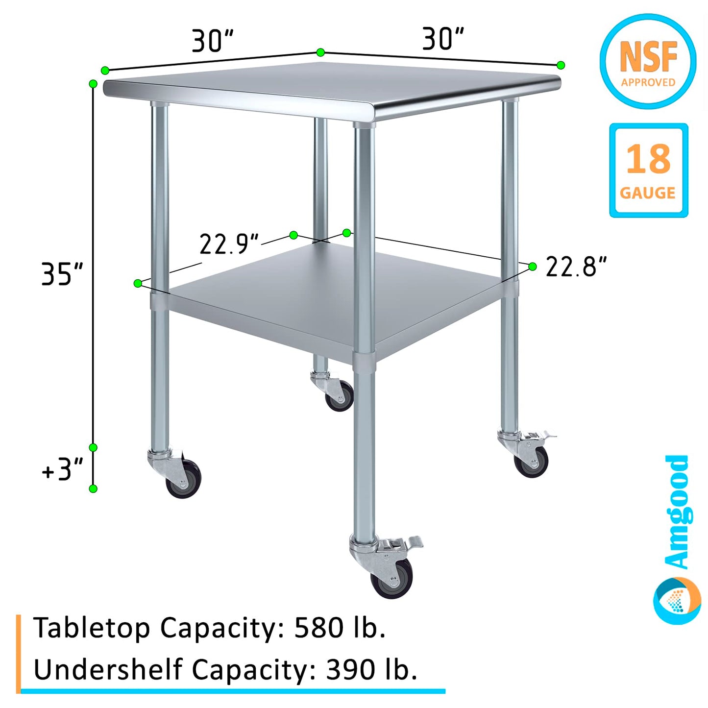 AmGood 30 in. x 30 in. Stainless Steel Work Table with Wheels | Metal Kitchen Food Prep Table | NSF