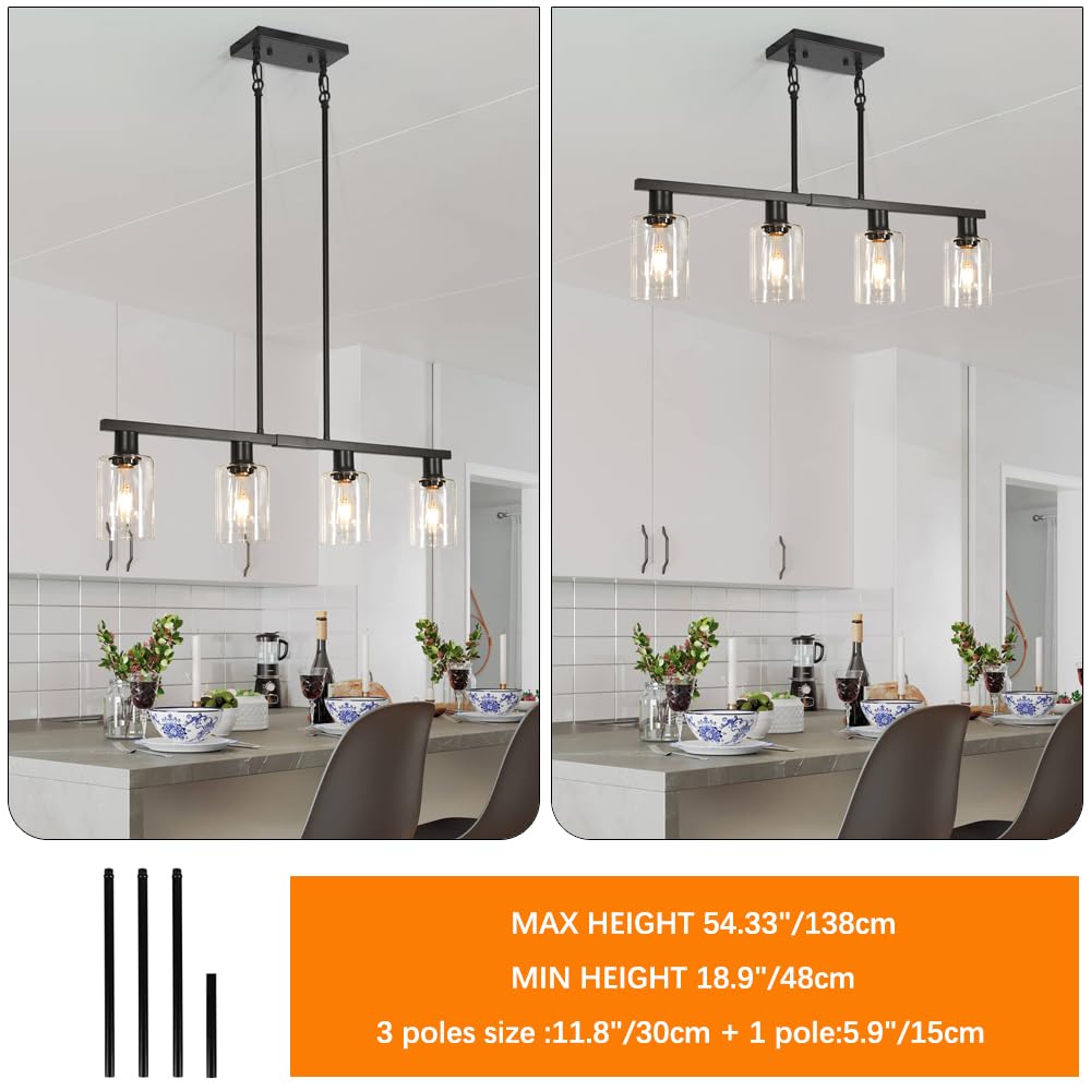 4-Light Kitchen Island Lighting  Black Farmhouse Chandelier With Adjustable Height & Clear Glass Shades  Linear Hanging Dining Room Light Fixture Over Table Bar  Simplicity Island Lights For Kitchen