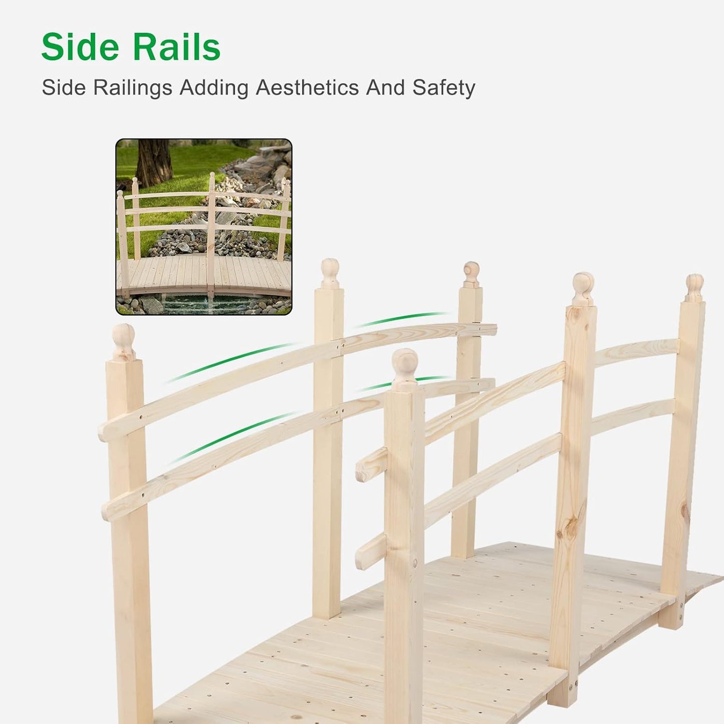VINGLI 7.5 ft Garden Bridge, Arch Walkway Wooden Bridge with Safety Rails Natural Finished, Decorative Landscaping Footbridge for Koi Pond, Dry Creek Bed, Garden Pathway or Japanese Zen Decor