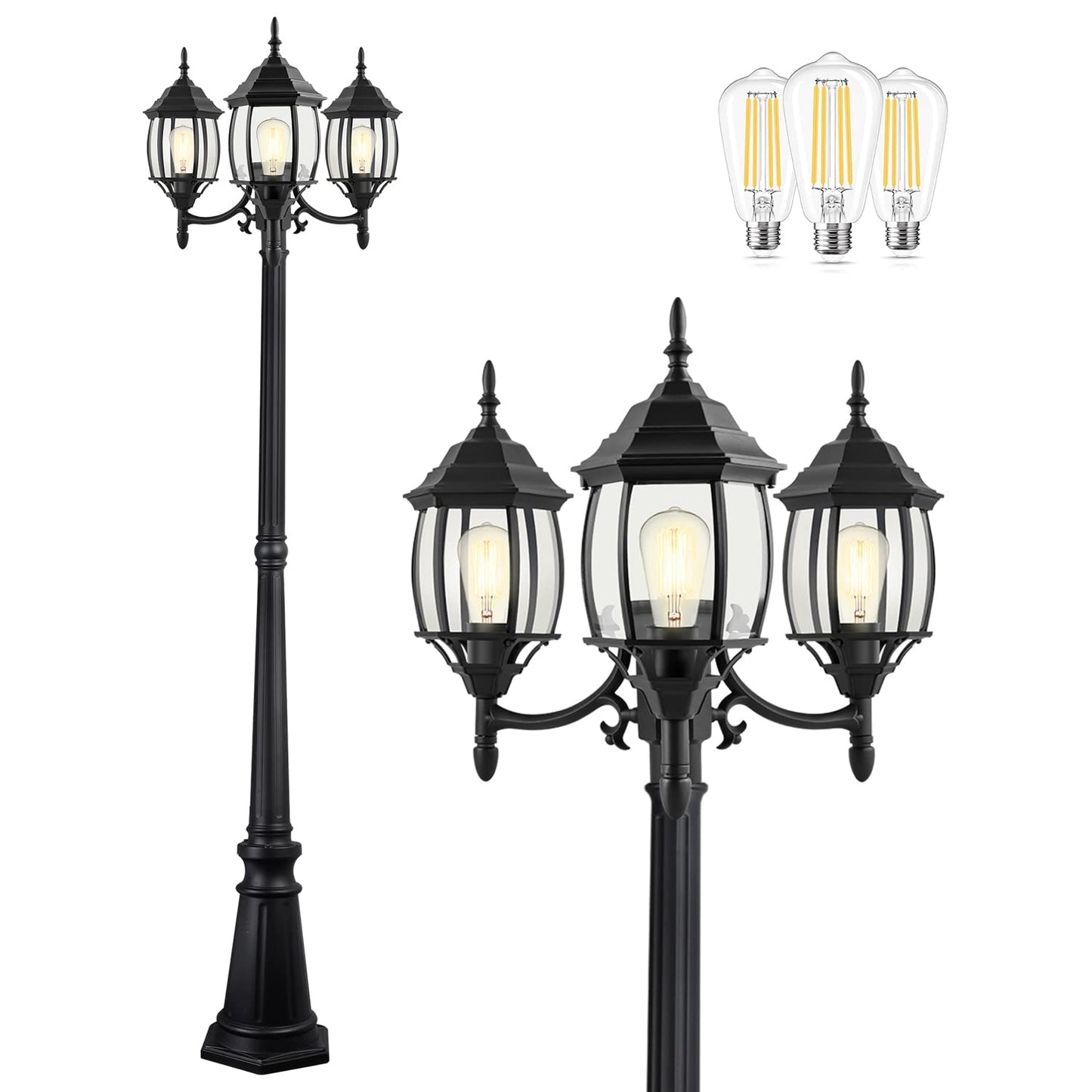 PARTPHONER Outdoor Lamp Post Light 3-Head, Black Aluminum, E26 Base, 100W Max, Waterproof, Model PL001
