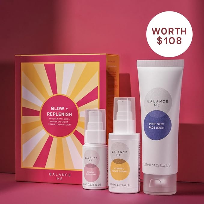 Balance Me Glow + Replenish Skin Care Set, Includes Vitamin C Repair Serum, Pure Skin Face Wash, Wonder Eye Cream, Gift Set for Women