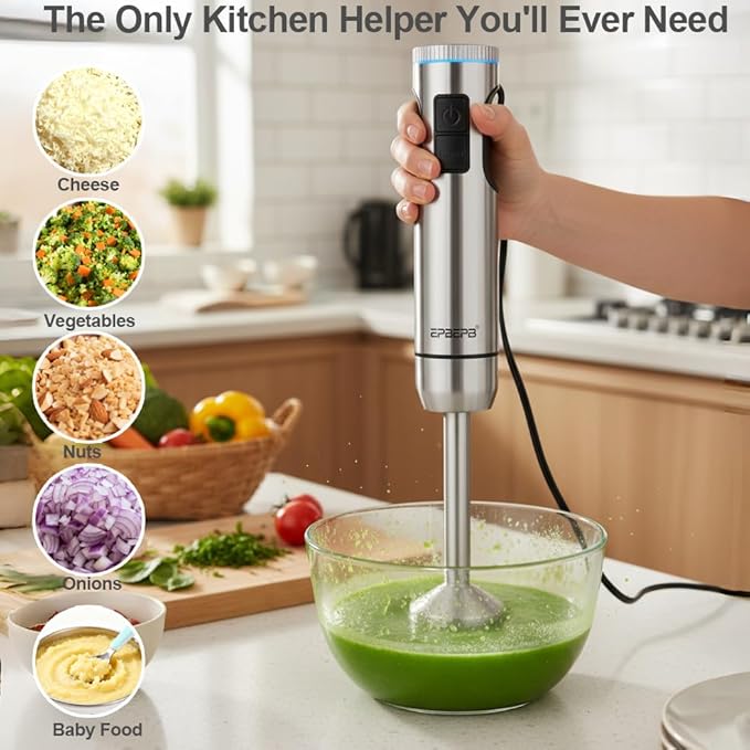 Handheld Immersion Blender, 1000W Powerful 11-in-1 Set for Smoothies,Orange Juicer, Egg Beater, Dough Hook, Vegetable Chopper, Potato Masher