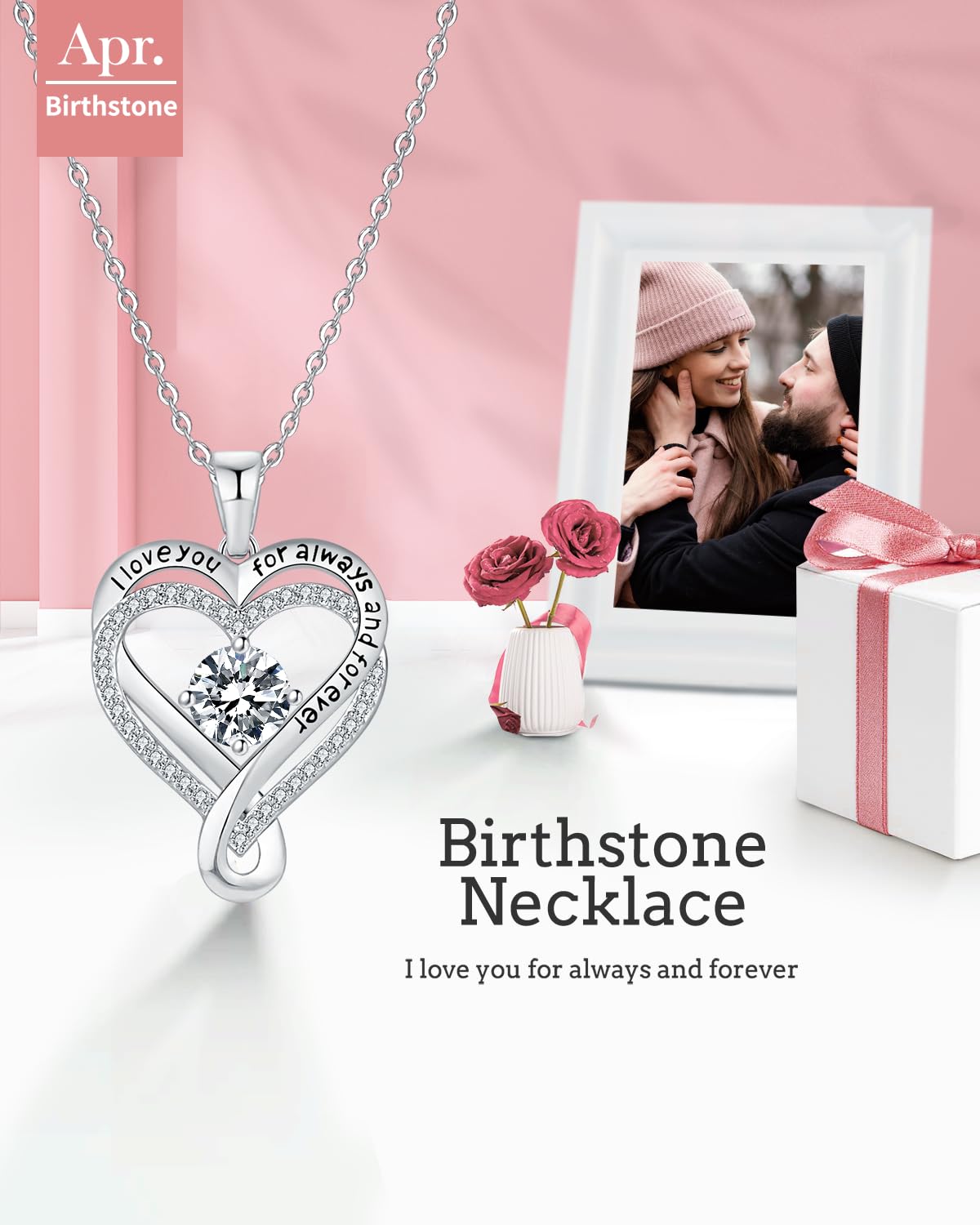 Mkhhy Diamond Birthstone Infinity Heart Necklace for Women Anniversary for Her Wife Birthday Gift Ideas I love you Jewelry for W