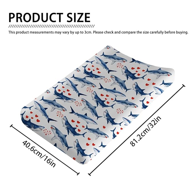 Sea Shark Love Changing Pad Cover Marine Ocean Animal Shark Hearts Baby Nursery Diaper Changing Pad Sheets for Boys Girls Soft Stretch Fitted Changing Table Mat Cover 32''x16''