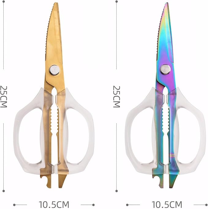 Jasni Transparent Handle Stainless Steel Sharp Powerful Kitchen Scissors Multi-Purpose Heavy Duty Food Scissors Kitchen Shears Chicken Poultry bone fish scales (White handle Gold blade)