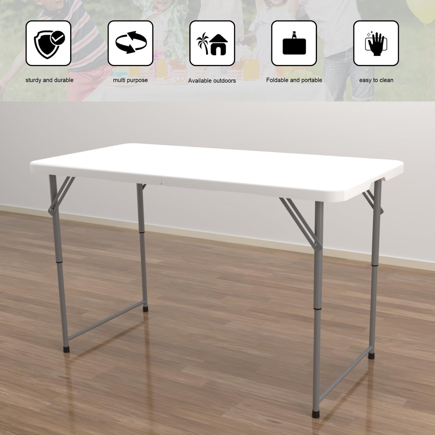 48" W x 24" D x 29.5" H - 4FT Adjustable Height Heavy Duty Plastic Fold-in-Half Foldable Table，White Portable Folding Table with Carrying Handle for Camping & Party