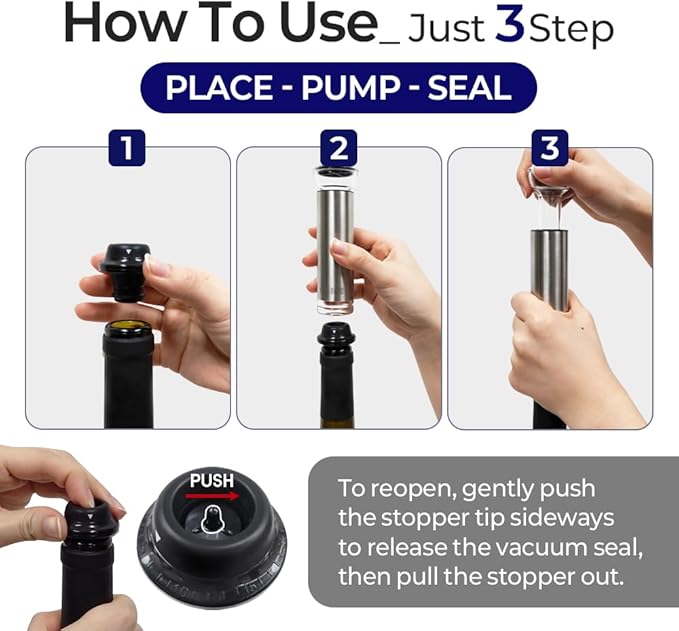 Vintorio Vacuum Wine Saver Pump with 4 Reusable Bottle Stoppers