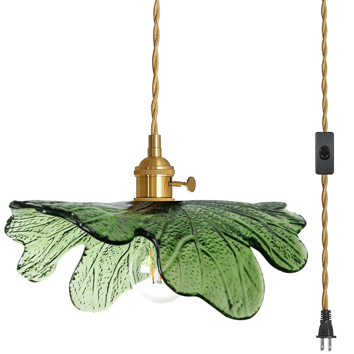 Auwieou Plug In Pendant Light Green Glass Pendant Lighting 14.75Ft Hanging Light With Plug In Cord 1-Light Hand Blown Brass Pendant Light Plug In Hanging Lamp For Kitchen Bedroom Living Dining Room