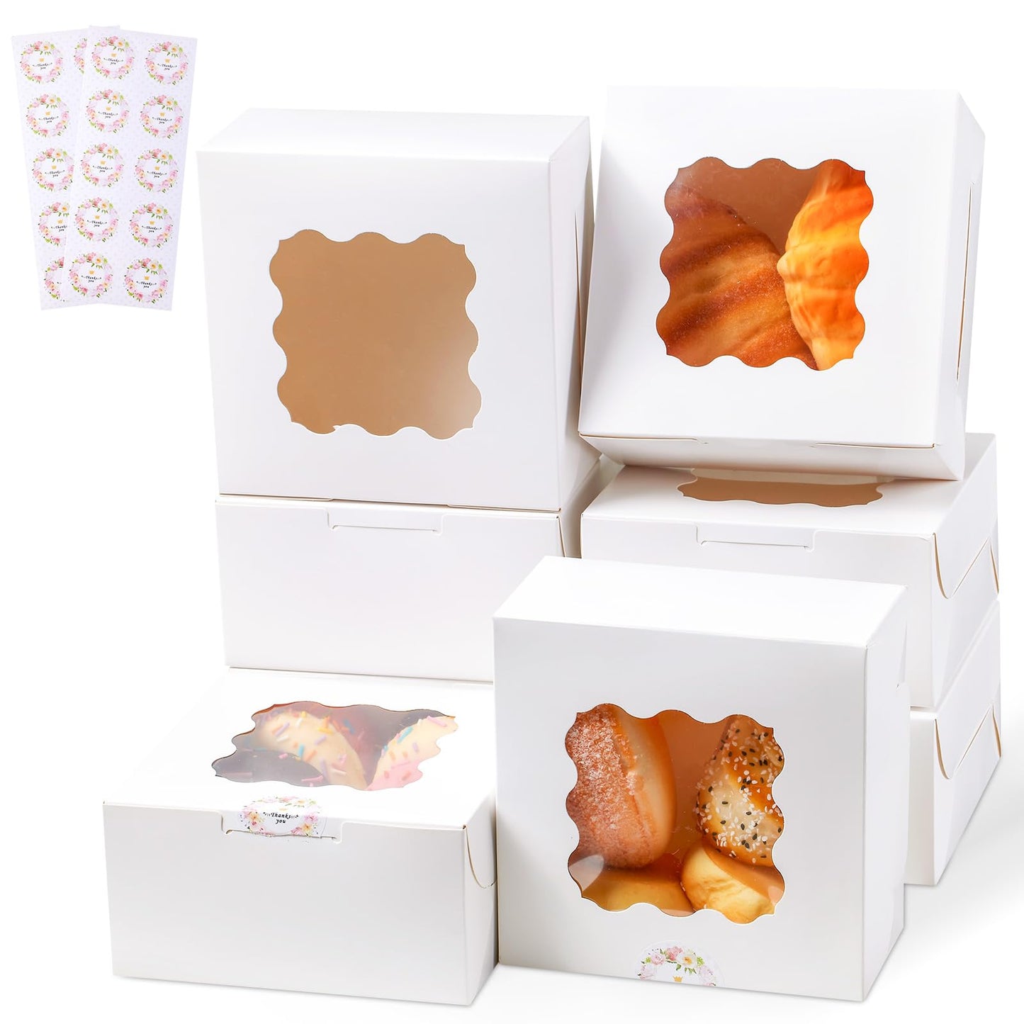 YODYZJ 20pcs White Cookie Boxes with Window, 6x6x3 inches Treat Boxes for Dessert, Strawberry, Bakery, Pastry, Candy, Truffle