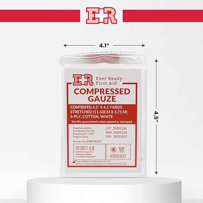 Ever Ready First Aid Compressed Sterile Gauze, 6-Ply Emergency Medical Dressing for First Aid Kits – 4.5” x 4.1 Yards - 5 Pack