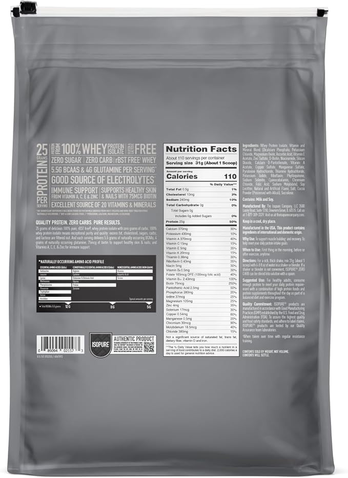 Isopure Zero Carb 100% Pure Whey Isolate Protein Powder, Lactose Free, Gluten Free, With Vitamins, Cookies & Cream, 25g Protein Per Serving, 7.5 Lbs, 110 Servings (Packaging May Vary)