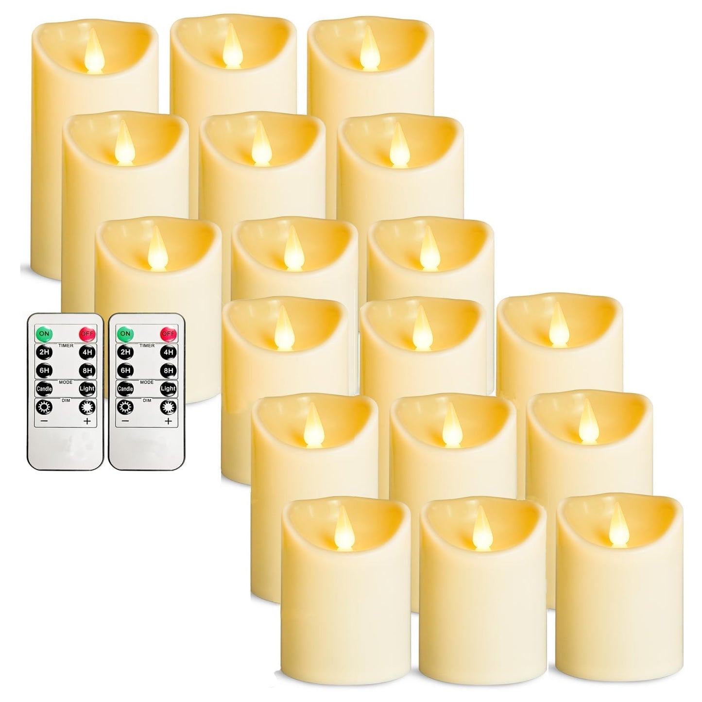 LEOSAN led Flameless Candles Outdoor Indoor Battery Operated Flickering Candles with Remote Timers, Won't Melt, Ivory Plastic D3 xH4 5" 6" for Halloween, Party, Valentine's Day, Wedding (18 pcs)