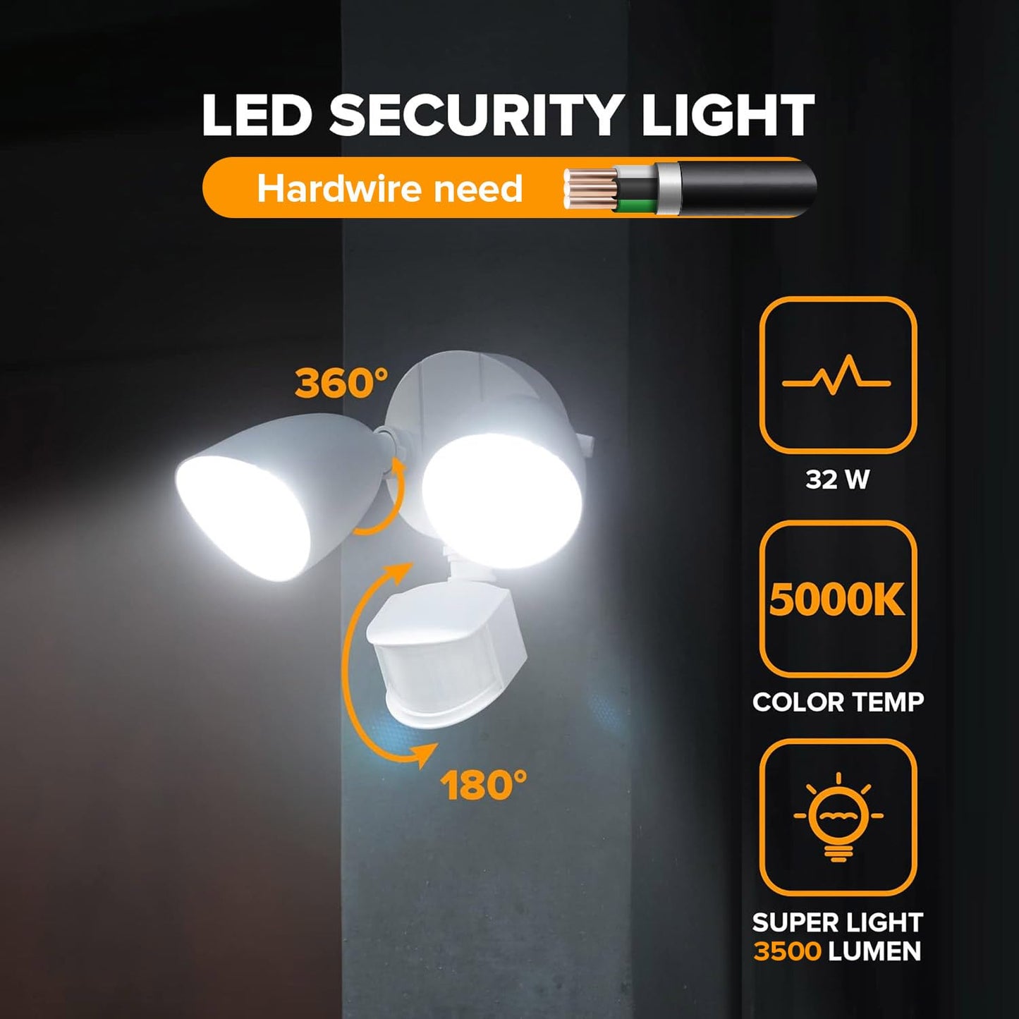 Lutec Dual-Head 32W Led Security Light - 2500 Lumen, 5000K Daylight, Ip54 Waterproof, Motion Sensor, White