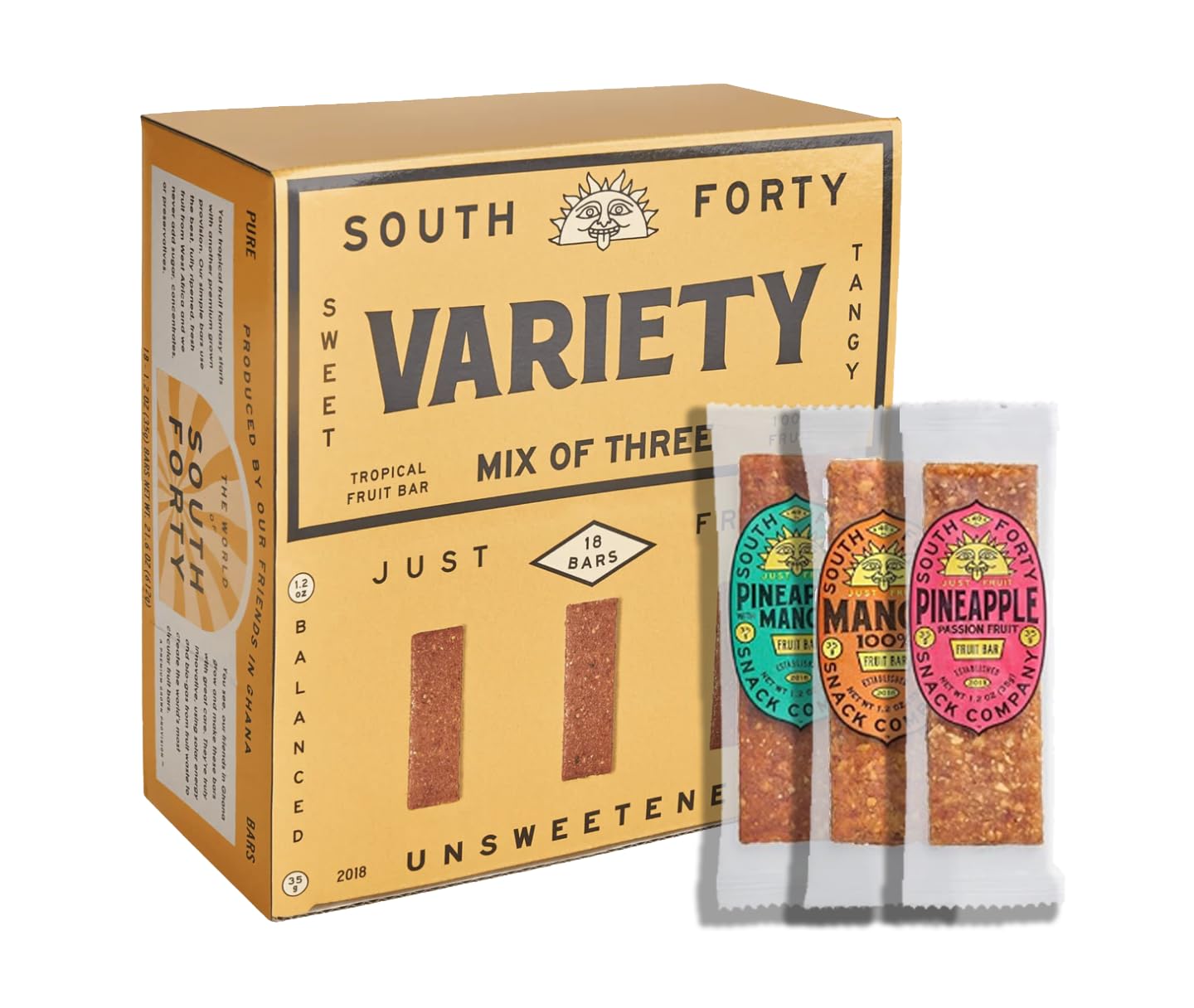 South 40 Snacks Mix of 3 enhanced Tropical Fruit Bars Variety Pack  Just 1-3 Ingredients  Mango and Pineapple Based with Passionfruit and Lime  Unsweetened  No Added Sugar  Individually Wrapped (35g Bar  Pack of 18)