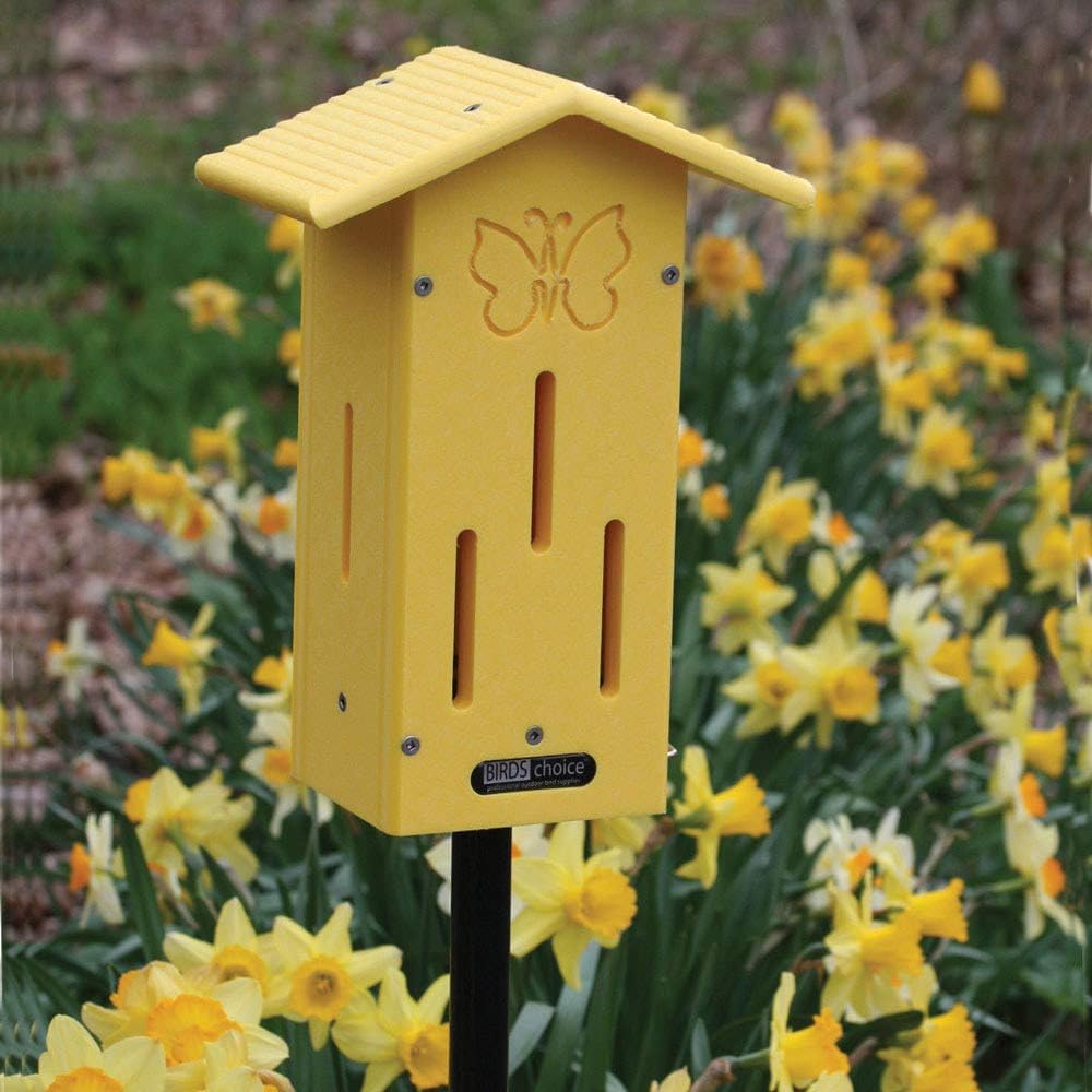 Birds Choice SNPMBFH Recycled Pole Mounted Butterfly House w/ Engraved Butterfly Silhouette, Butterfly House, 12.25", Yellow