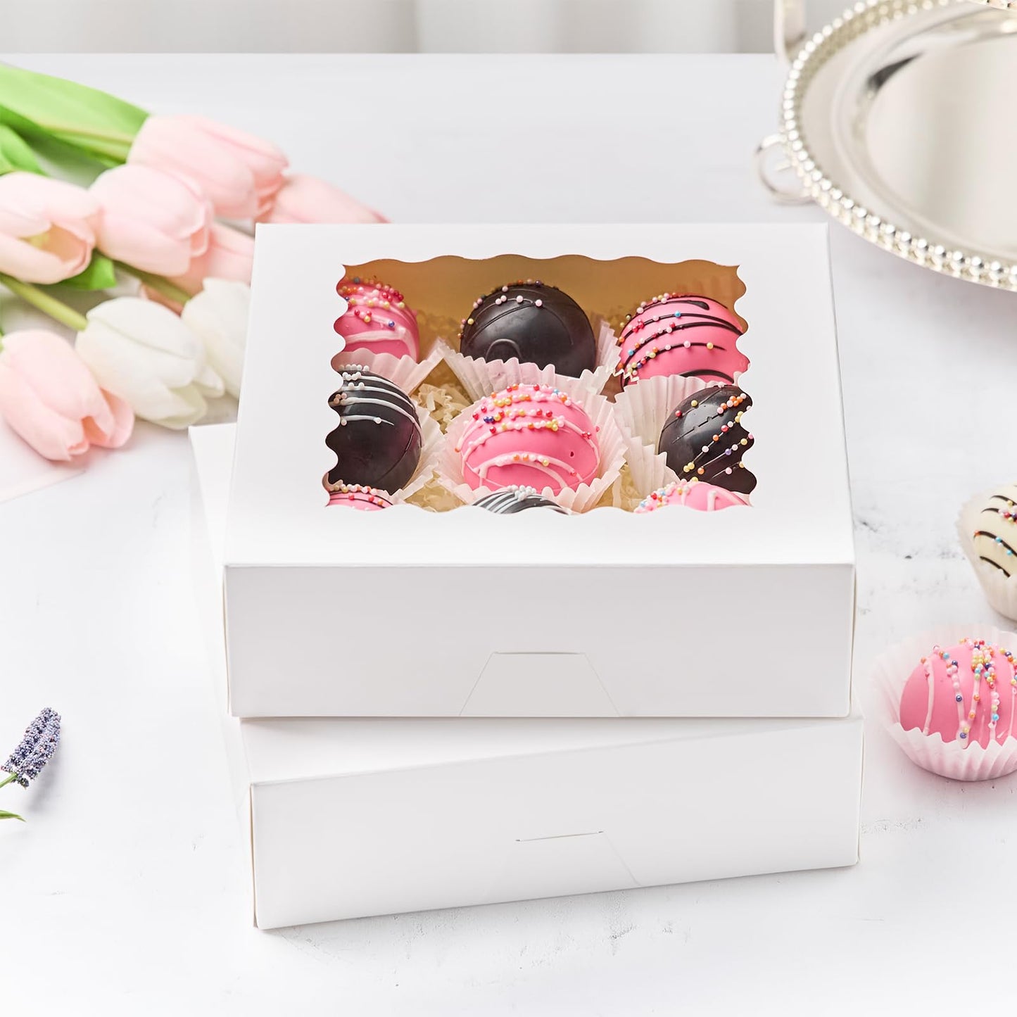 Kucoele 20 PCS Pie Boxes, 8 x 8 x 2.5 Inches Bakery Boxes with Window, Auto-Popup Cookie Boxes White Treat Boxes for Chocolate Strawberries, Pastries, Muffins, Donuts